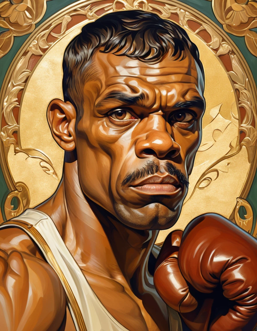 Un boxeador en guardia frente a un fondo art nouveau