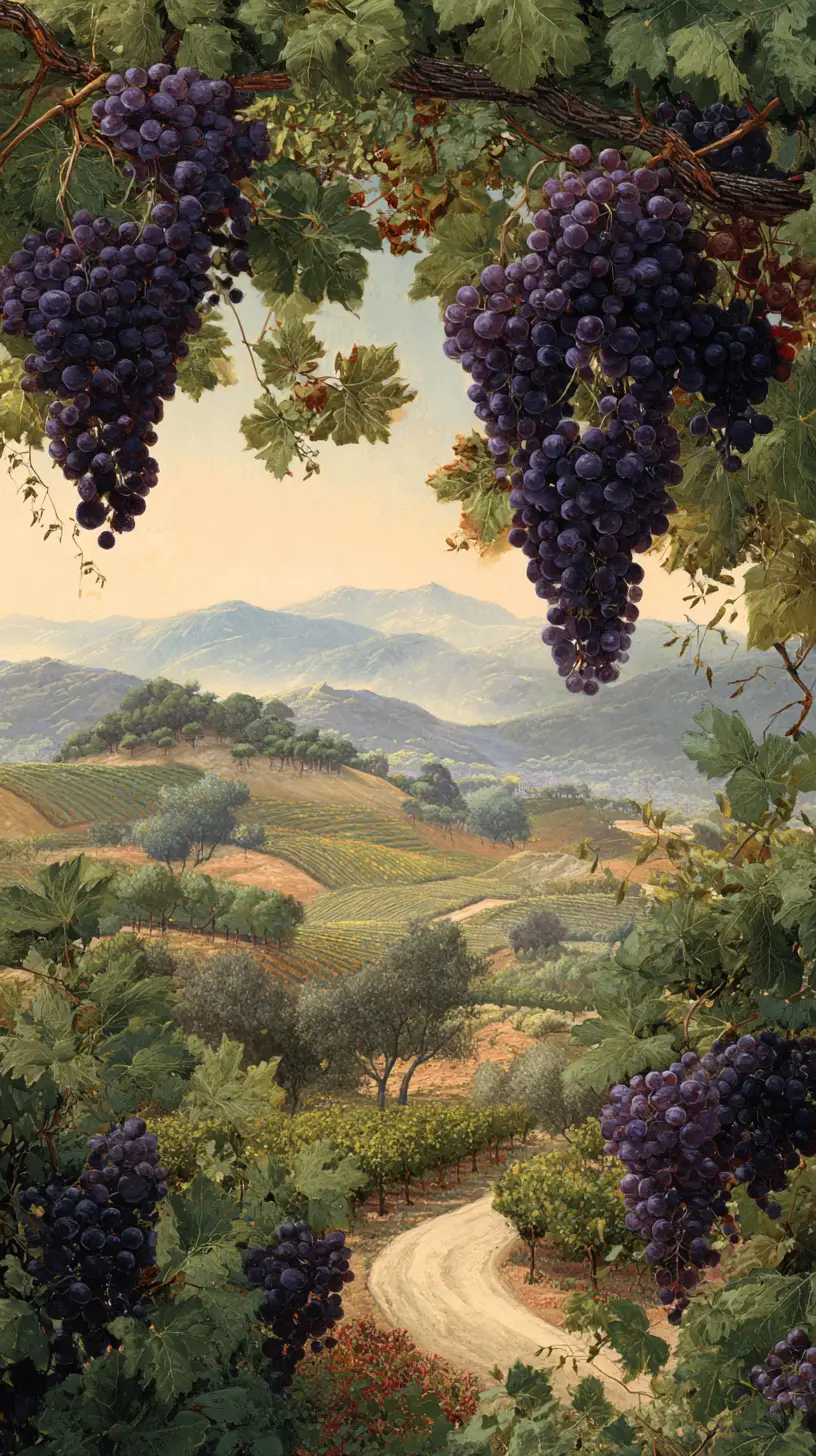 Uvas moradas cuelgan sobre un viñedo sereno bajo un cálido cielo color melocotón