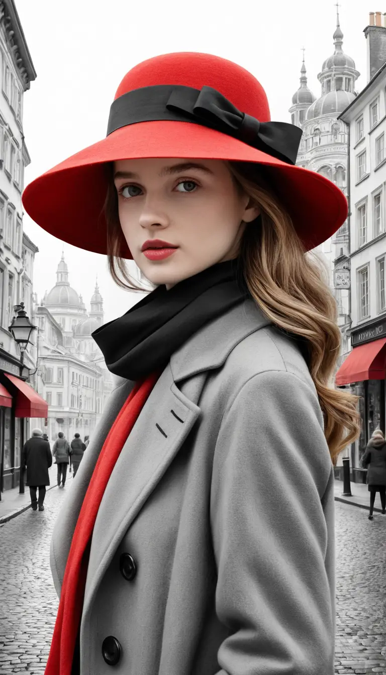 A young woman in a red hat and scarf on a European street