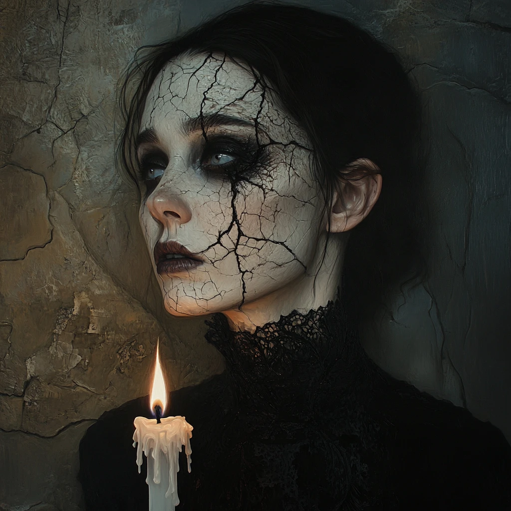A pale gothic woman with one side of her face worn by decay