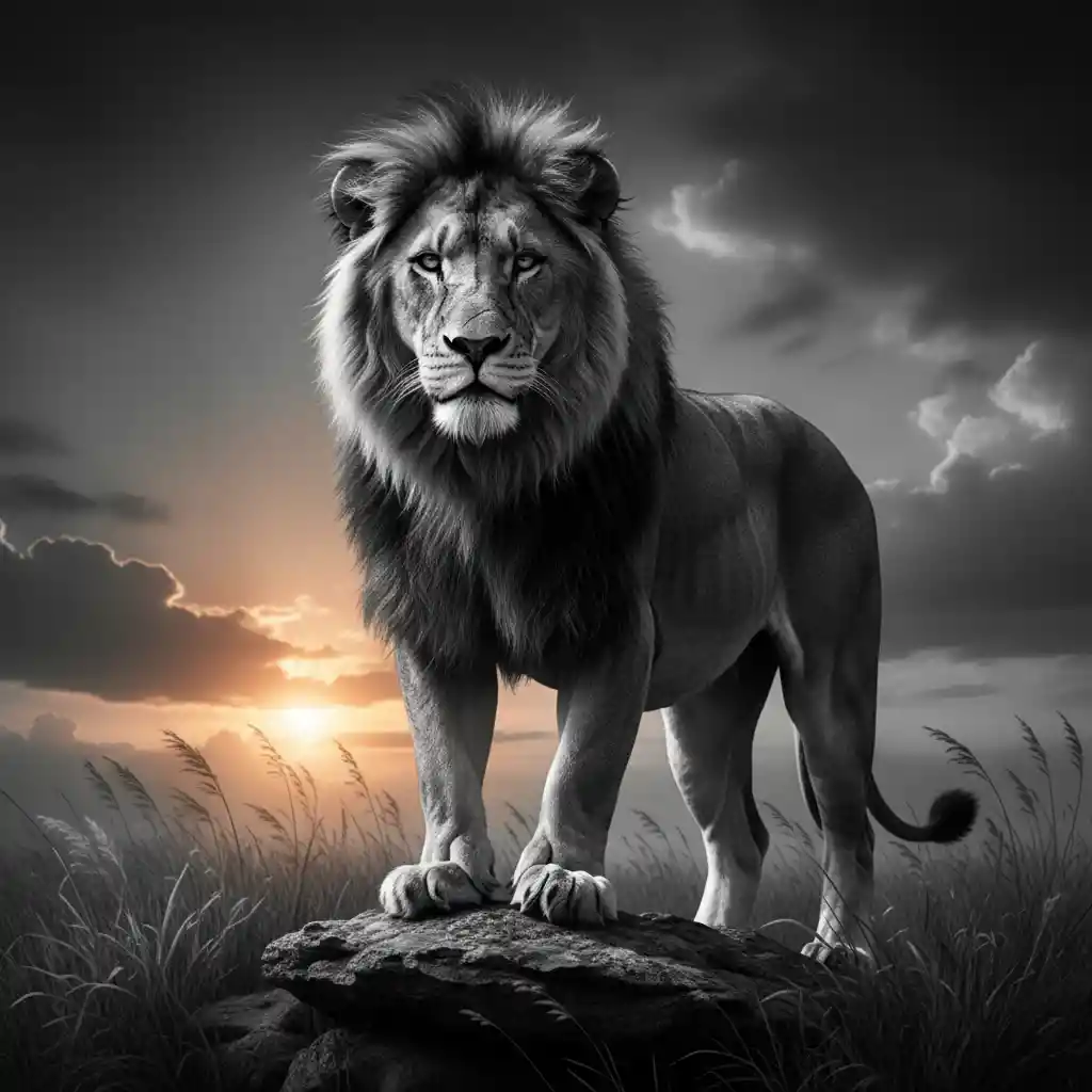 A Lion Stands Proudly Above Savanna Grasses in Selective Color