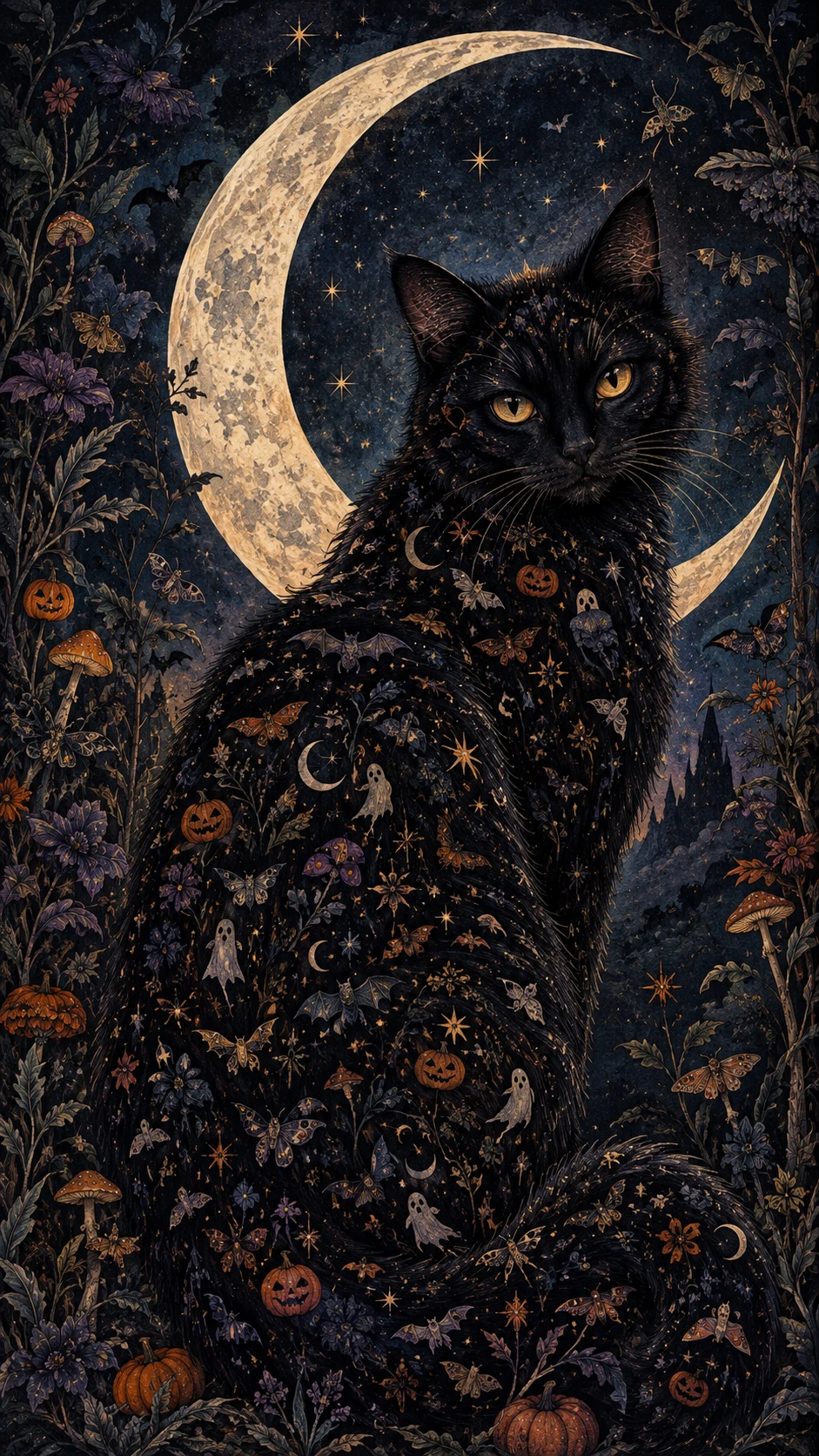 Un gato negro sentado bajo una luna creciente en una oscuridad simbólica