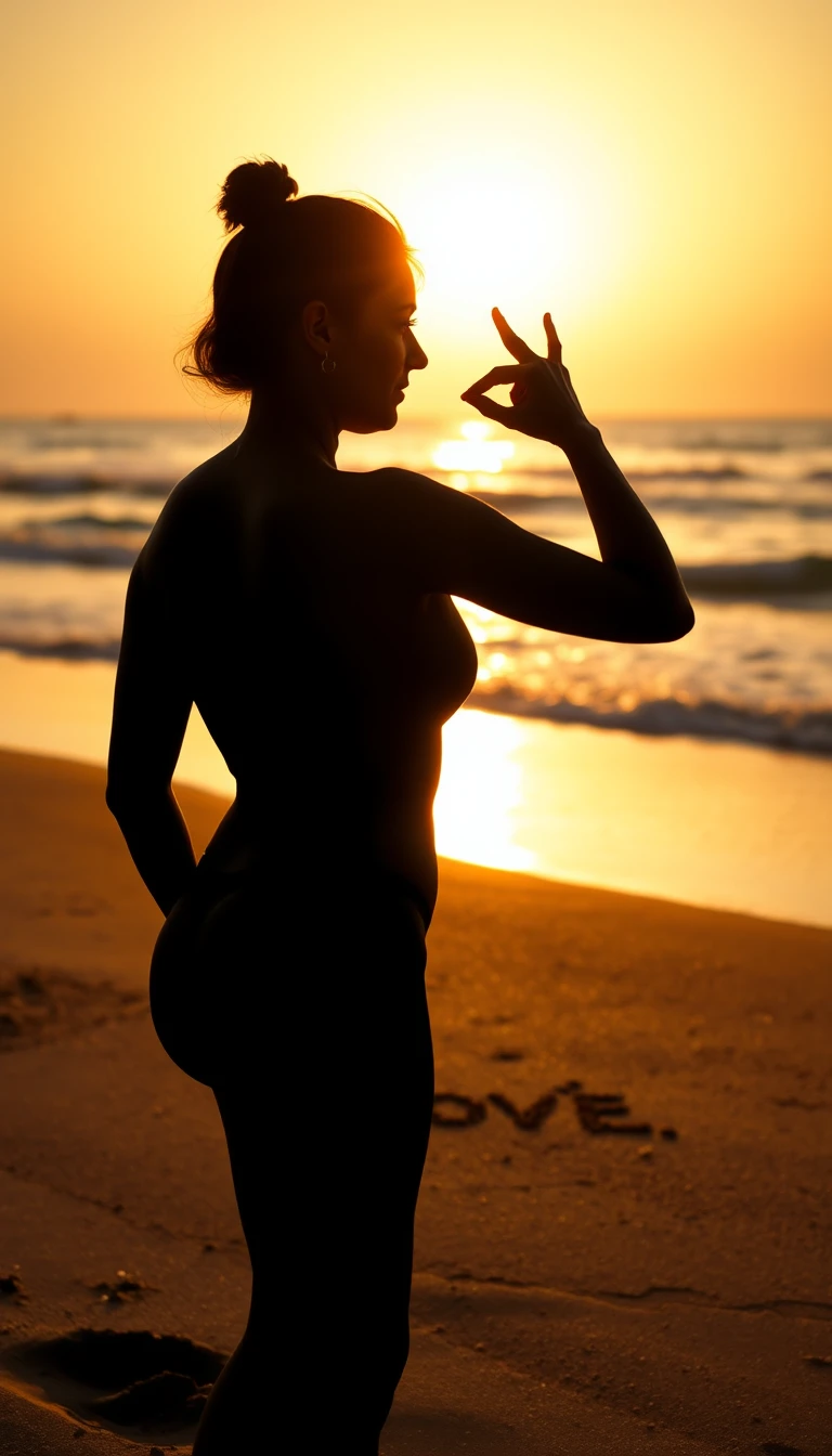 A woman writes love in wet sand against the setting sun