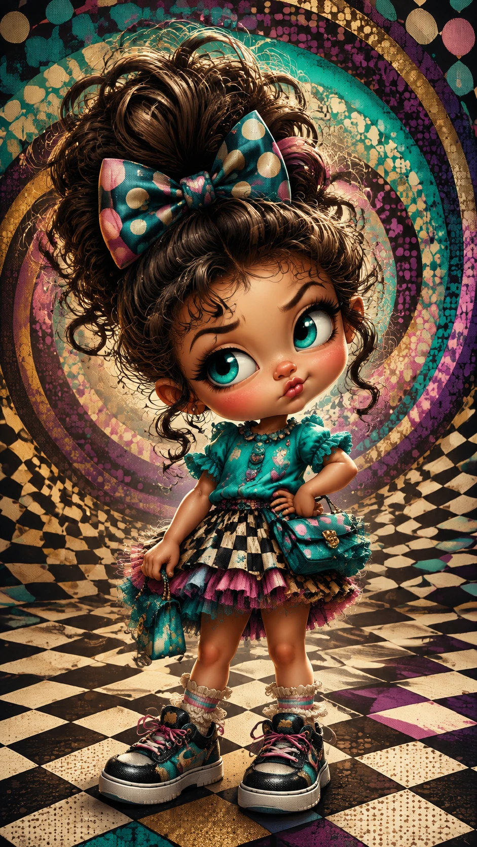 Una chica adorable lanza una mirada de reojo con un conjunto boutique lleno de encanto
