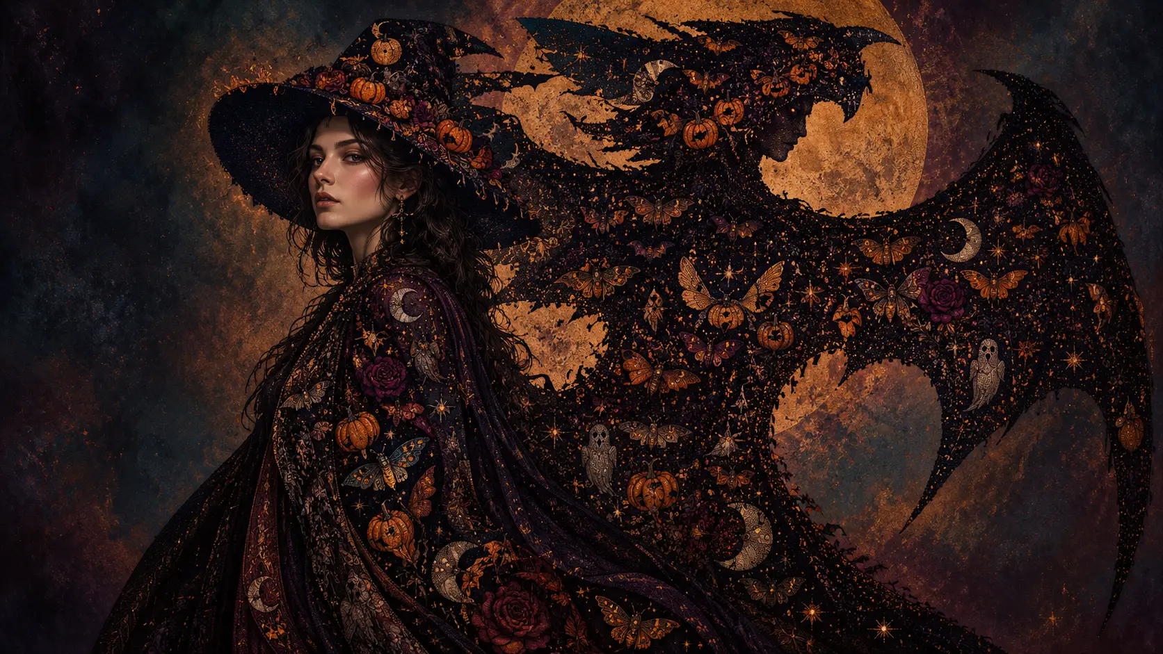 An elegant witch stands in profile before her enormous bat-winged shadow