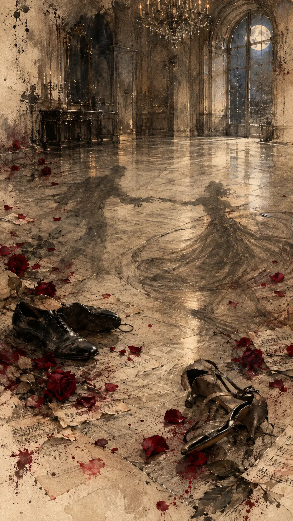 Abandoned Dancing Shoes and Lingering Shadows in an Empty Ballroom
