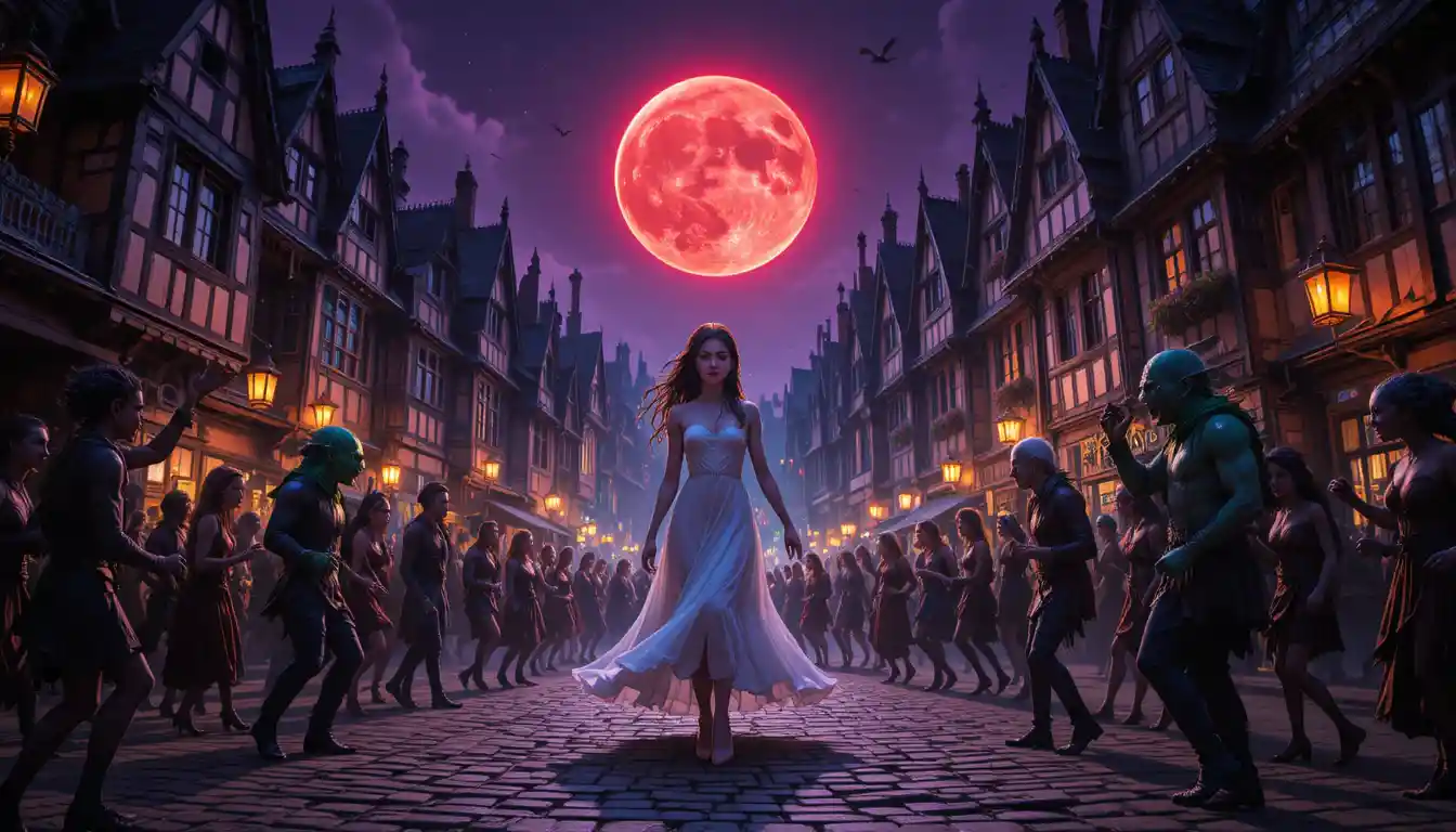 A night festival brings mystical creatures together on a cobblestone village street