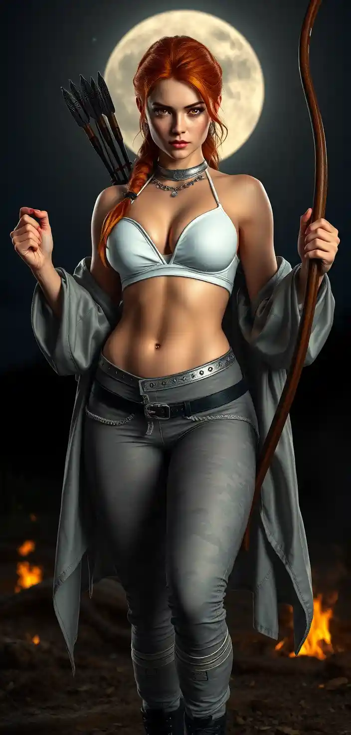 A Moonlit Huntress Faces Forward Beside a Campfire Beneath the Full Moon