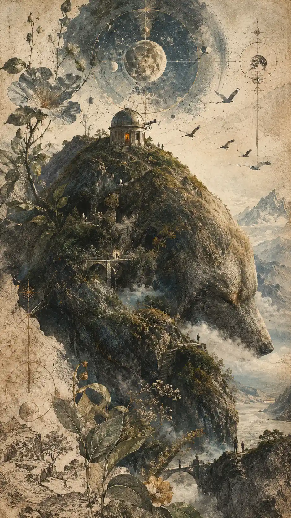 A solitary observatory perched within a sleeping mountain silhouette