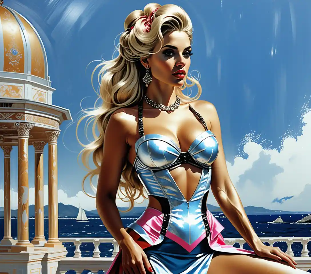 A platinum blonde fashion model poses in rococo inspired couture
