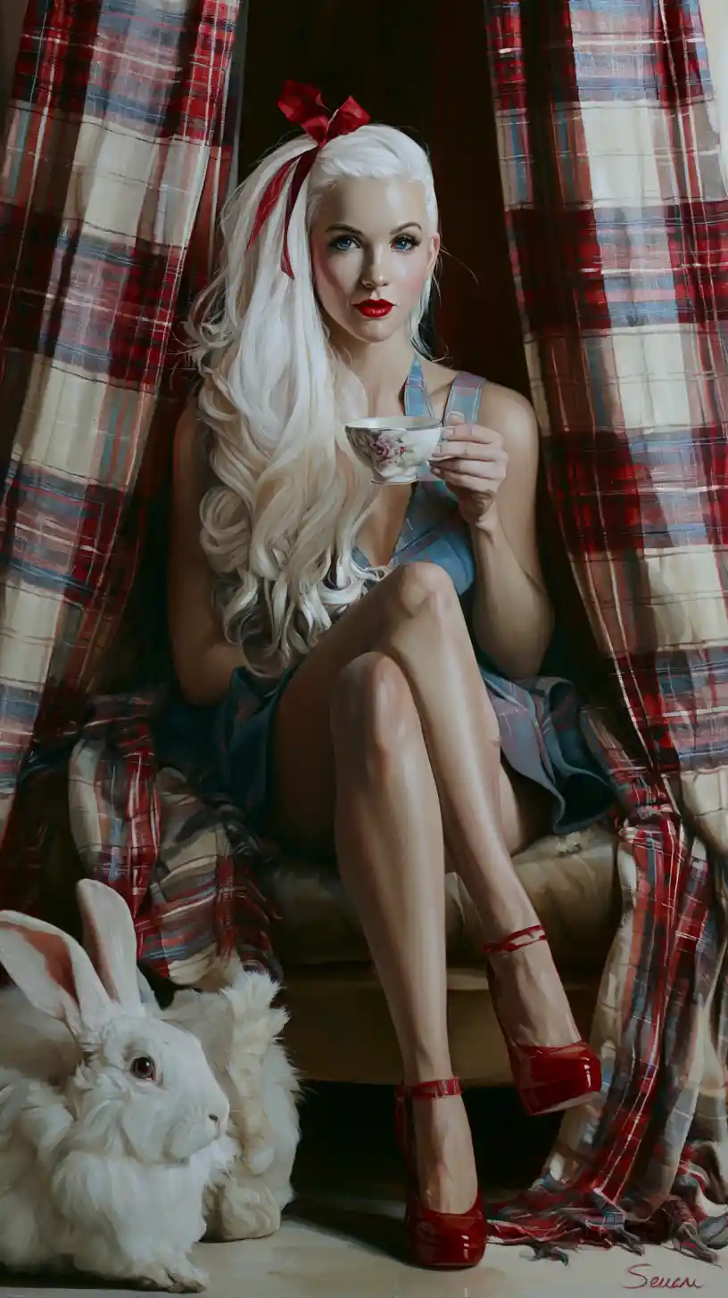 Una Alicia retro sostiene una taza de té en una pintura de cuento de hadas oscura