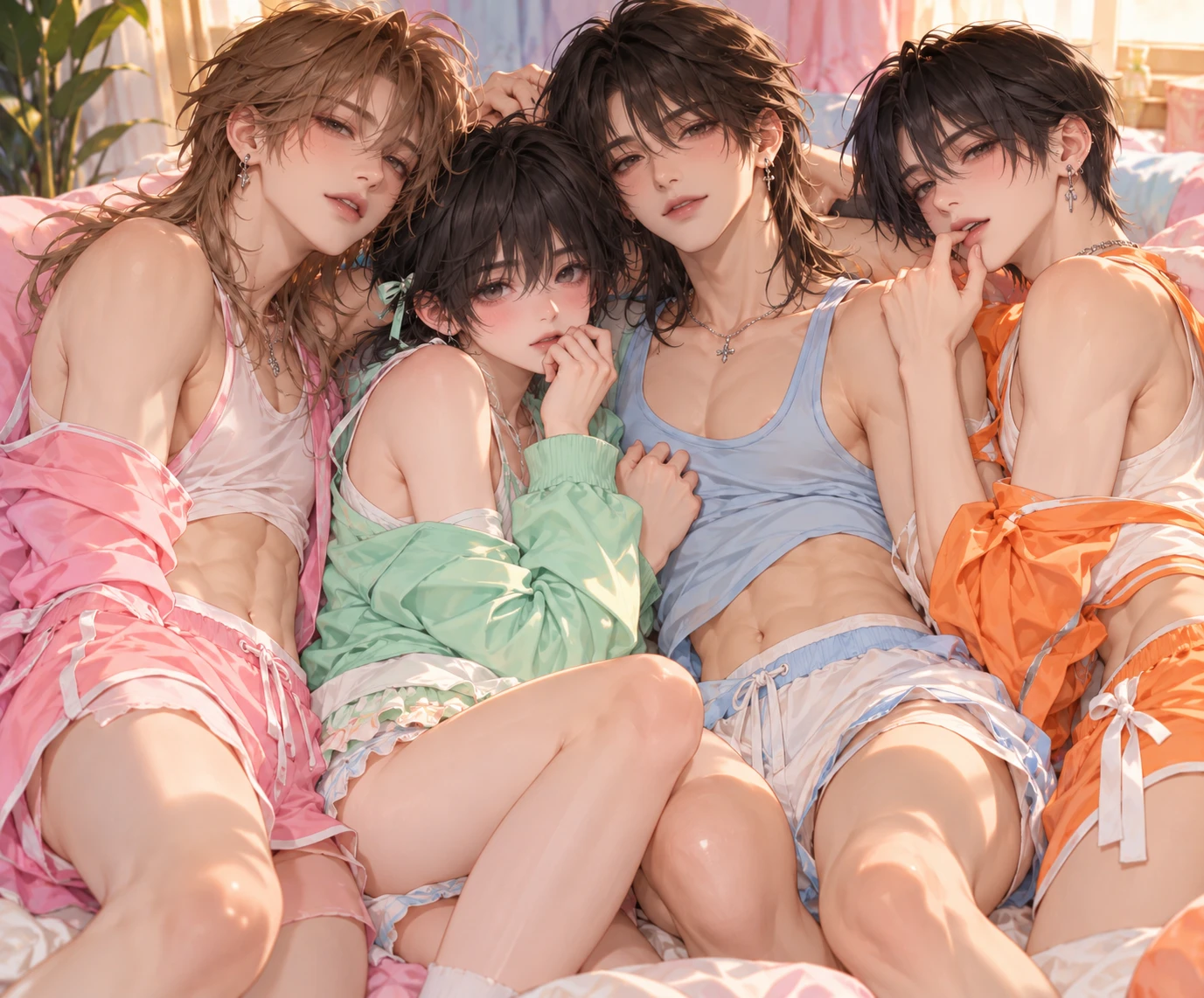 Cuatro personajes femboy de anime interactúan con ropa informal colorida