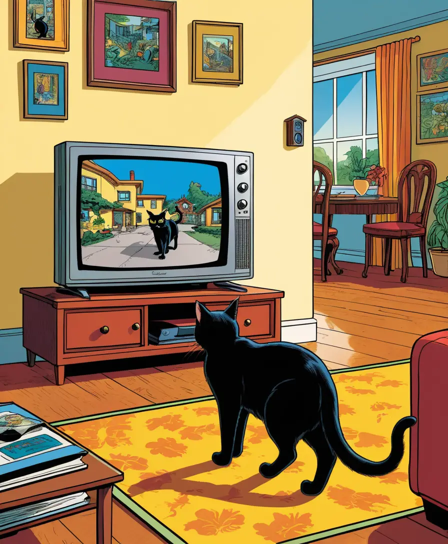 Un chat noir rôde dans le salon
