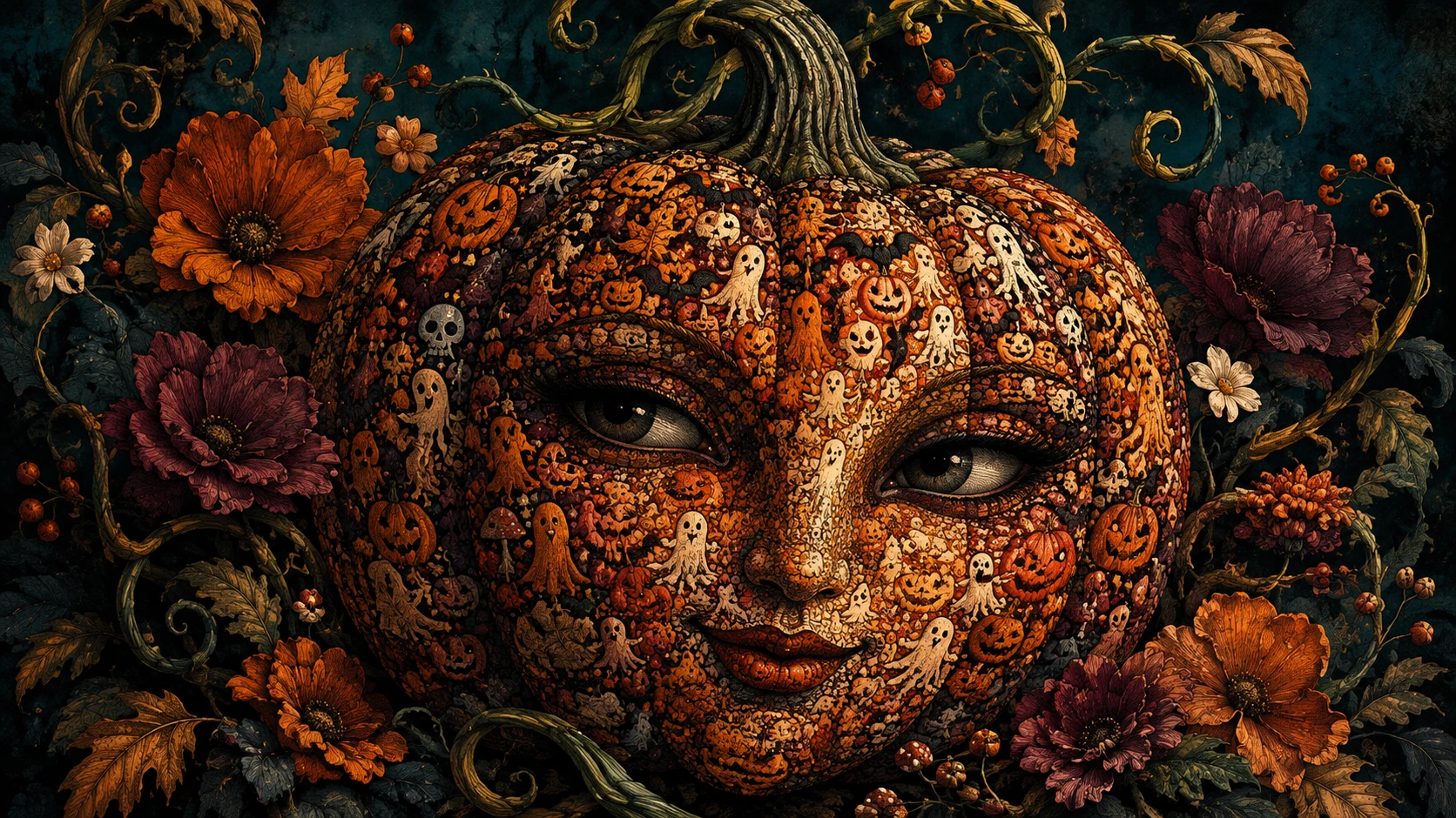 Ein surreales Kürbisporträt, schattiert mit winzigen Halloween-Symbolen und herbstlichen Blumen