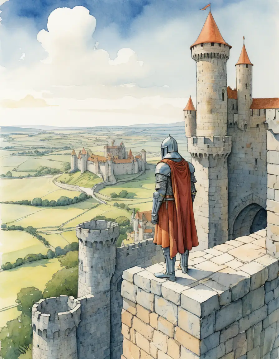 A Knight Surveys the Countryside from Medieval Castle Battlements