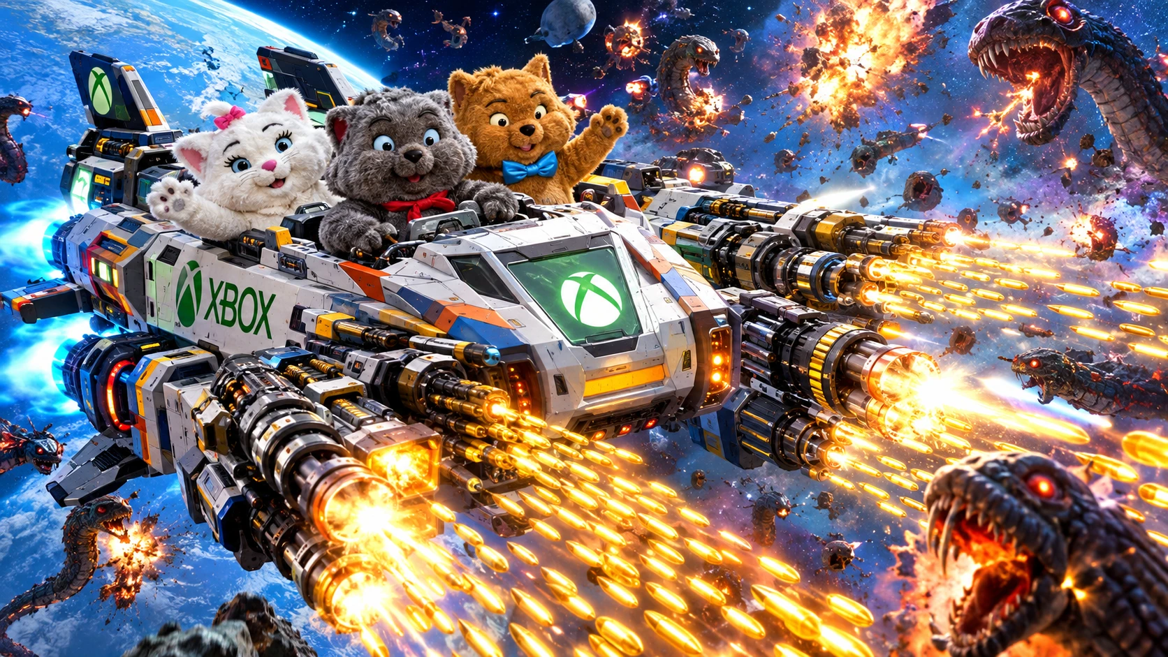 Three cat mascots ride an armed spaceship toward outer space