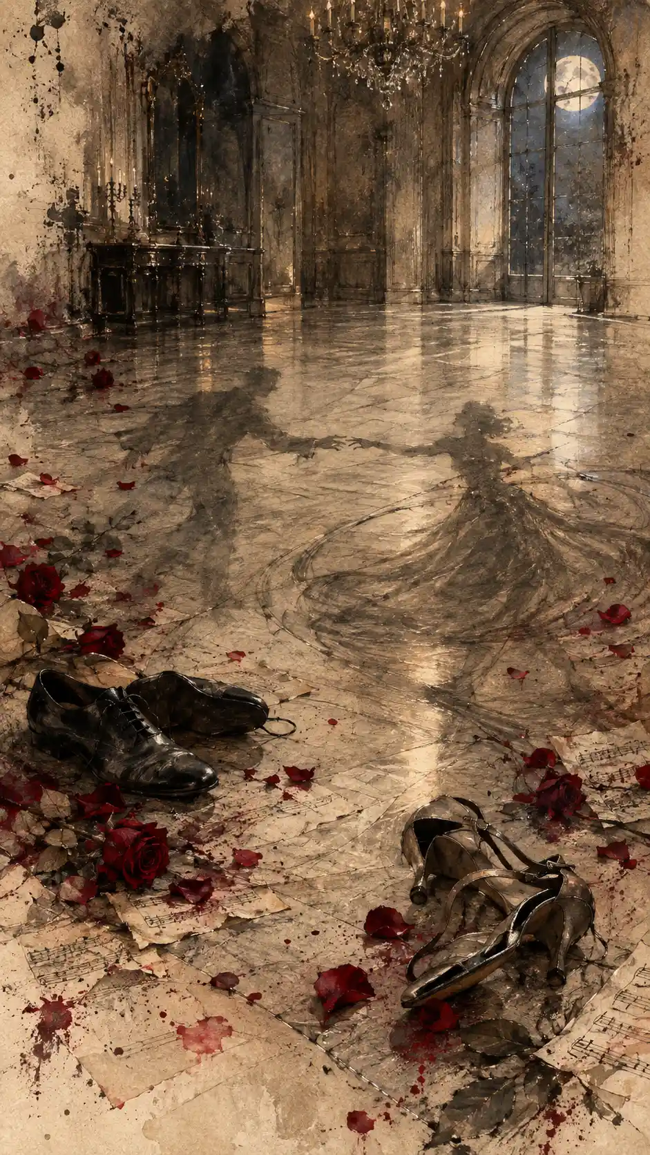 Abandoned Dancing Shoes and Lingering Shadows in an Empty Ballroom