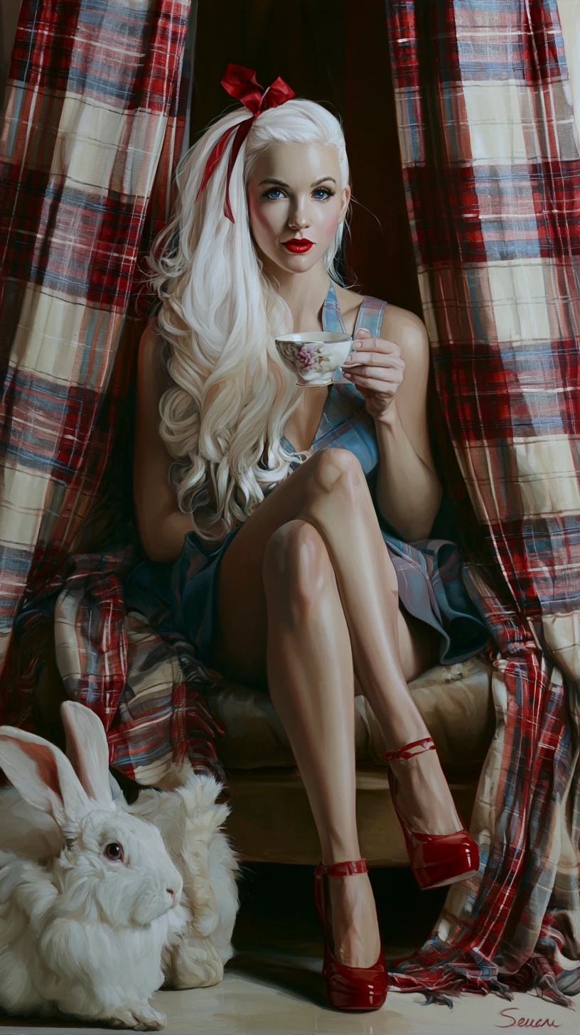 Una Alicia retro sostiene una taza de té en una pintura de cuento de hadas oscura