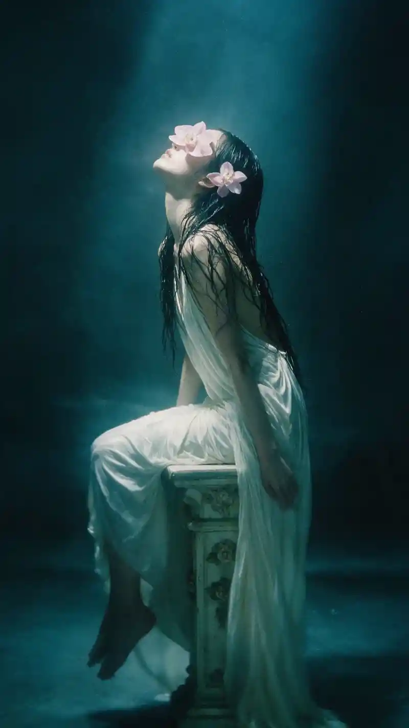 A woman poses on an ornate pedestal with orchids across her eyes