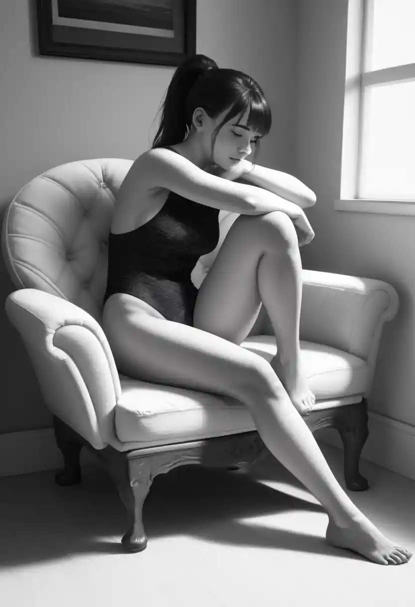 A brunette girl lounges in a woven egg chair on a sunny terrace