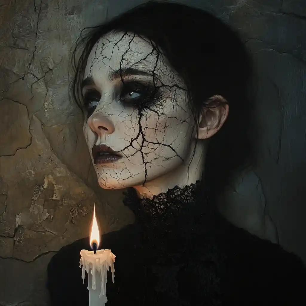 A pale gothic woman with one side of her face worn by decay