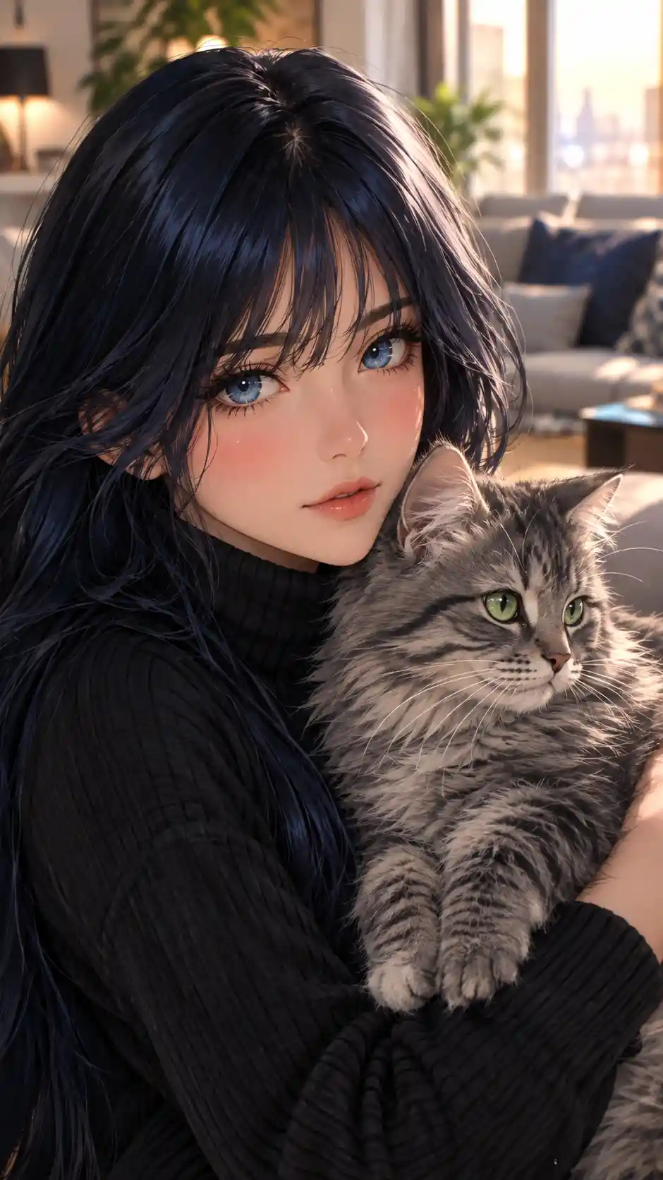 Anime woman holding a soft gray tabby cat in a cozy interior