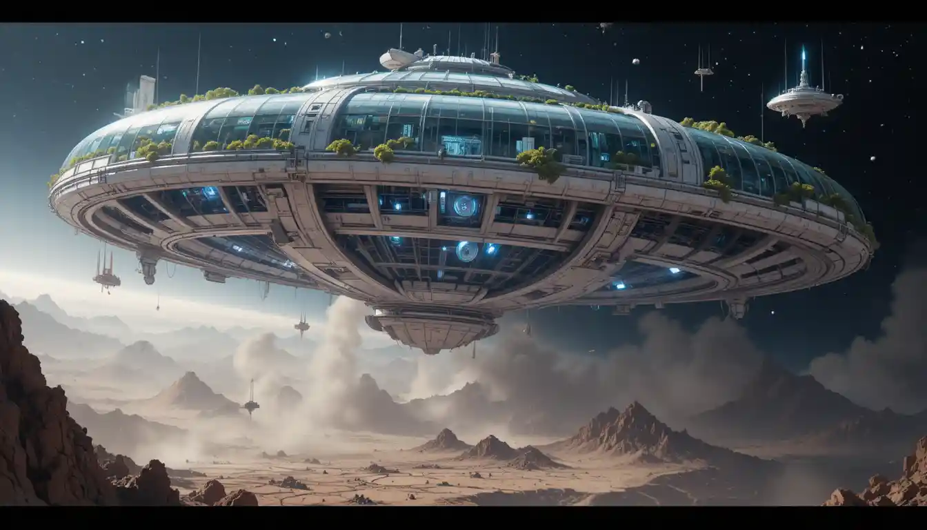 A vast circular space station shelters forests beneath transparent domes