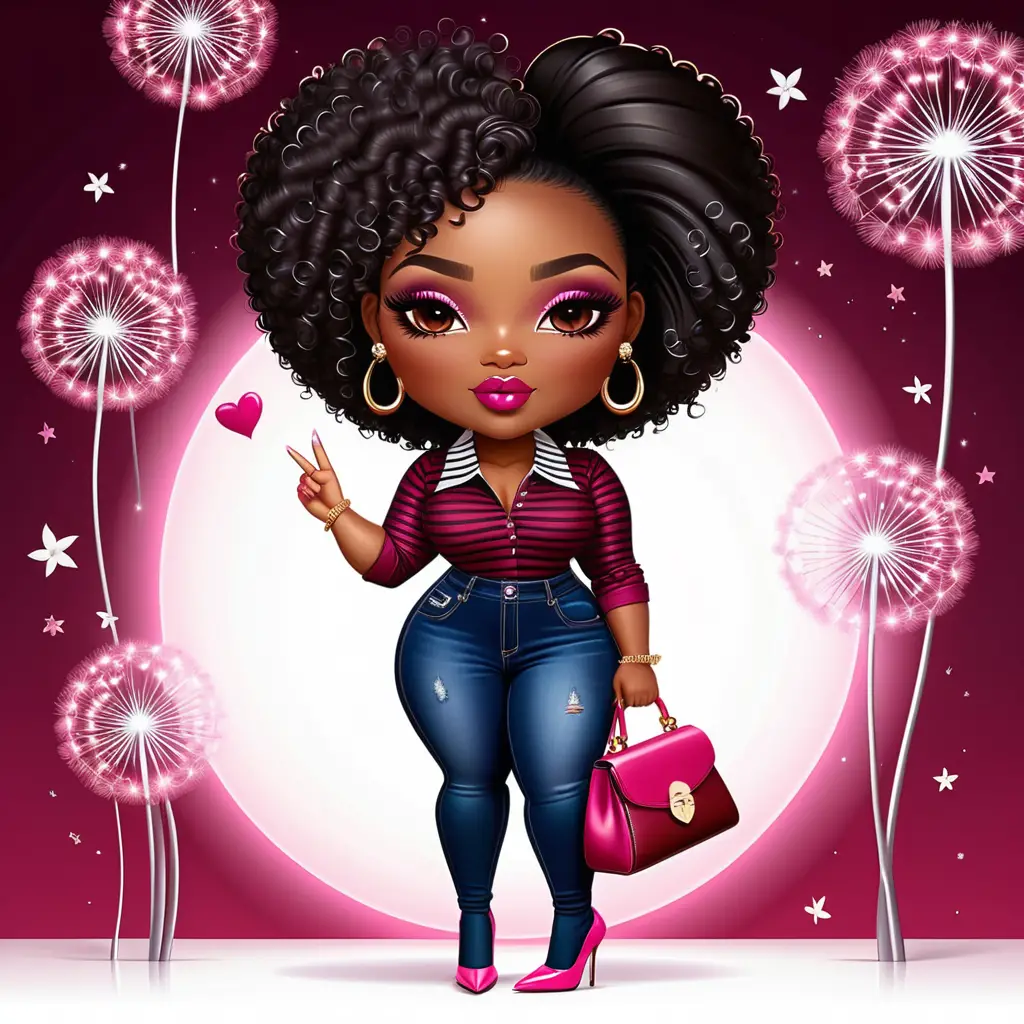 Donna fashion in stile chibi posa con il segno della pace tra vortici di soffioni