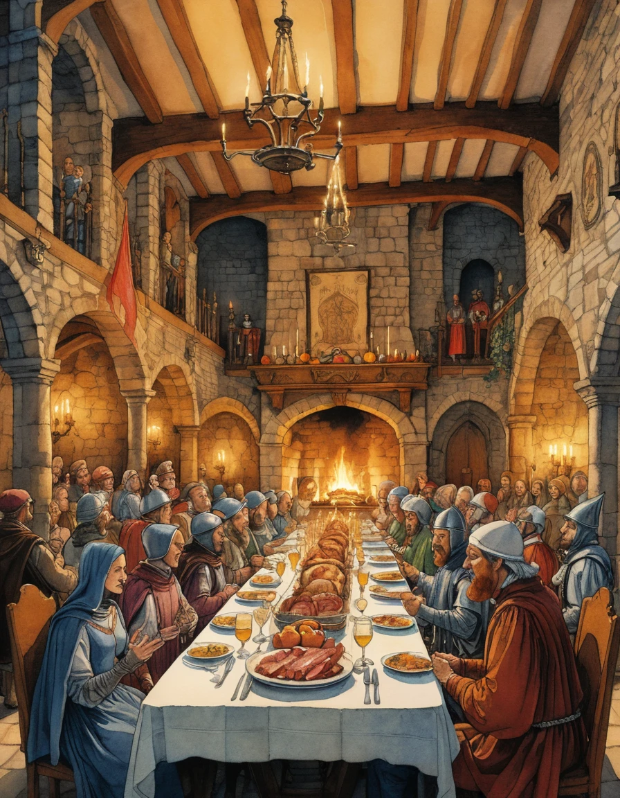A medieval banquet unfolds beneath candlelight in a castle hall