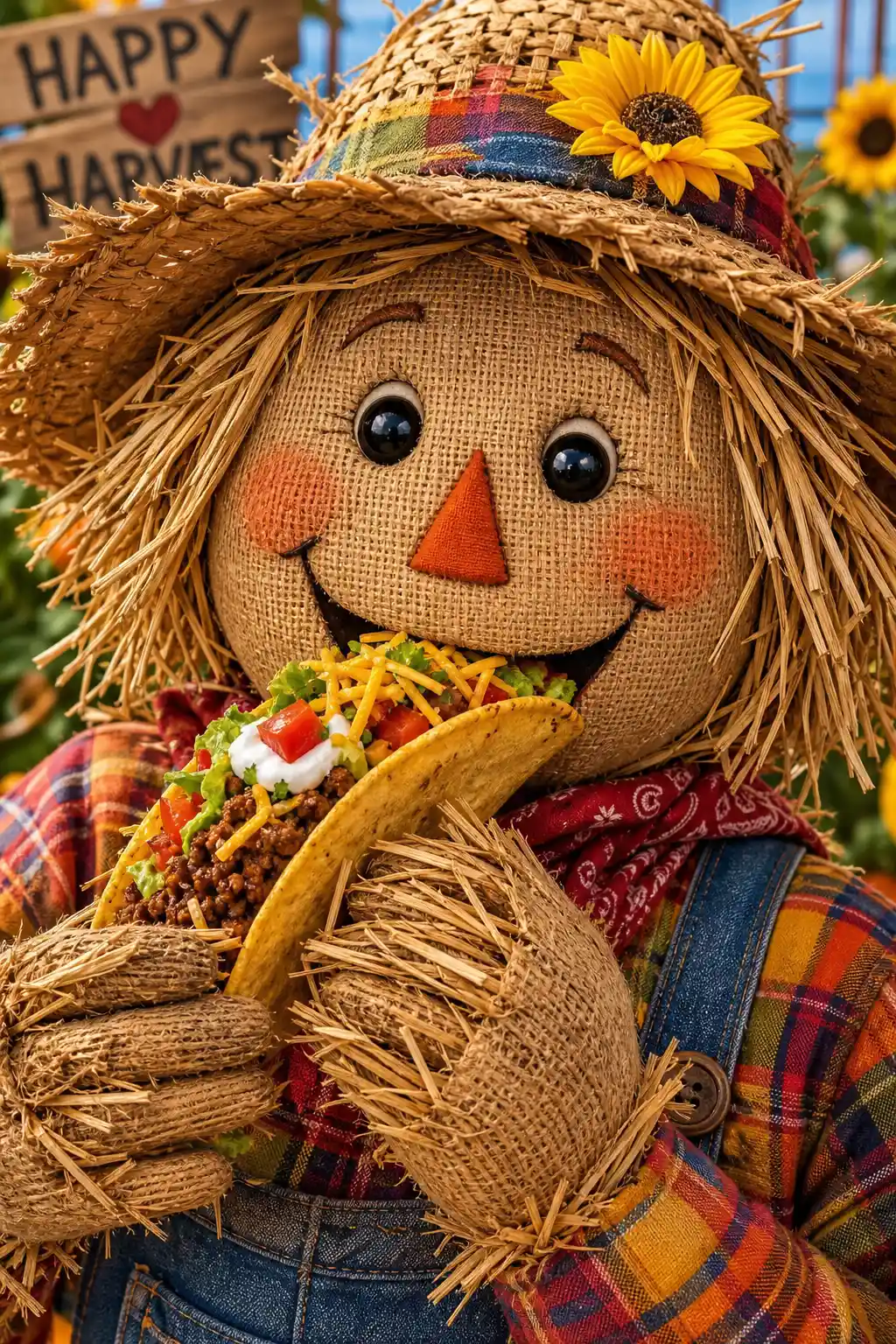Uno spaventapasseri di paglia sorridente gusta da vicino un taco ricco di ripieno