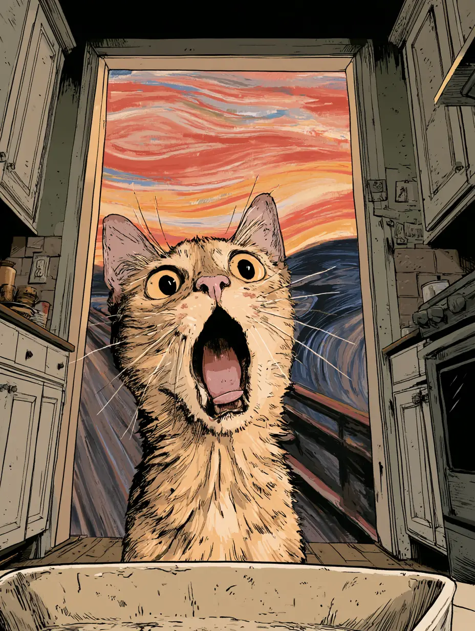 Un chat inspiré par Munch attend près de sa gamelle vide