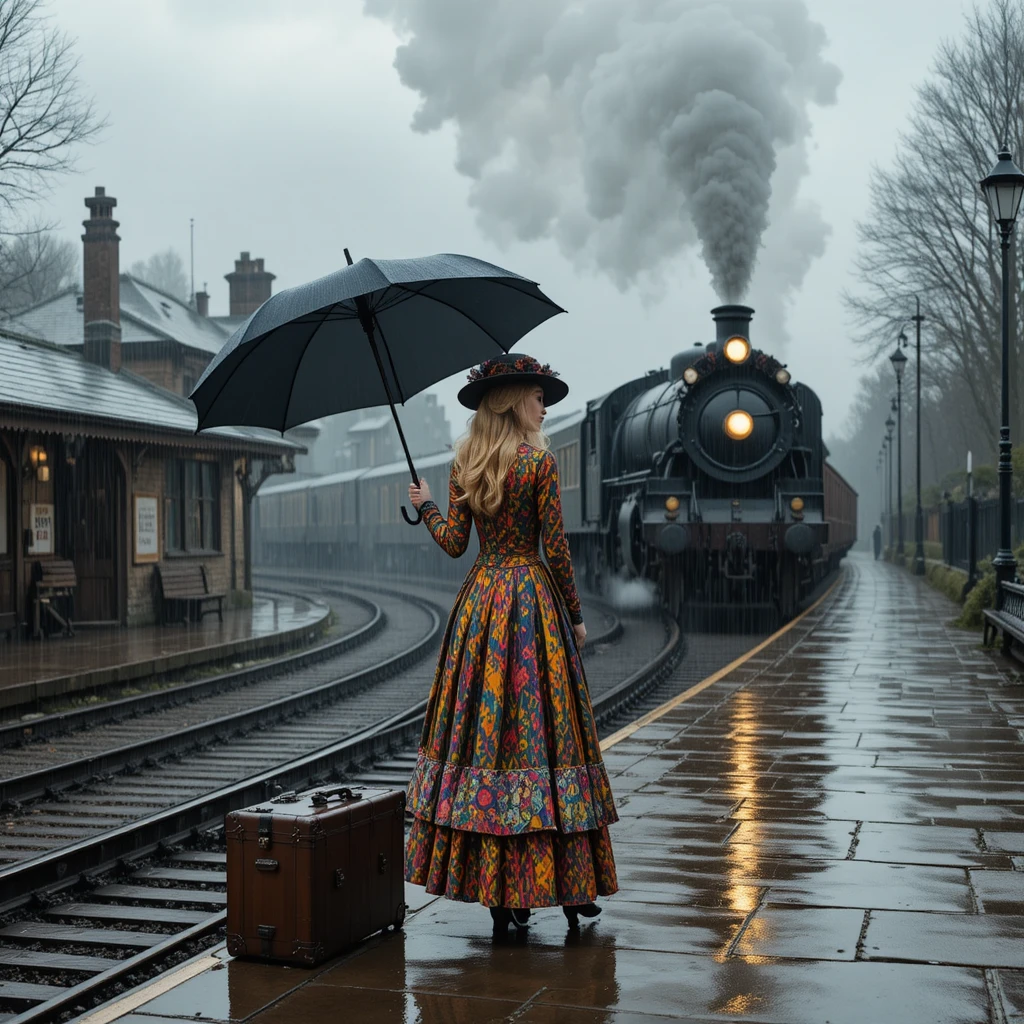 Una mujer rubia está bajo un paraguas en el andén lluvioso de una estación