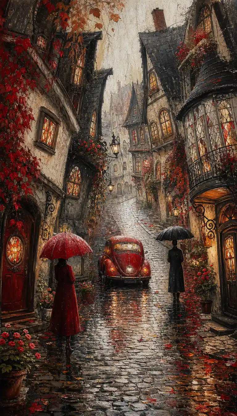 A vintage red car climbs a rain slicked cobblestone road