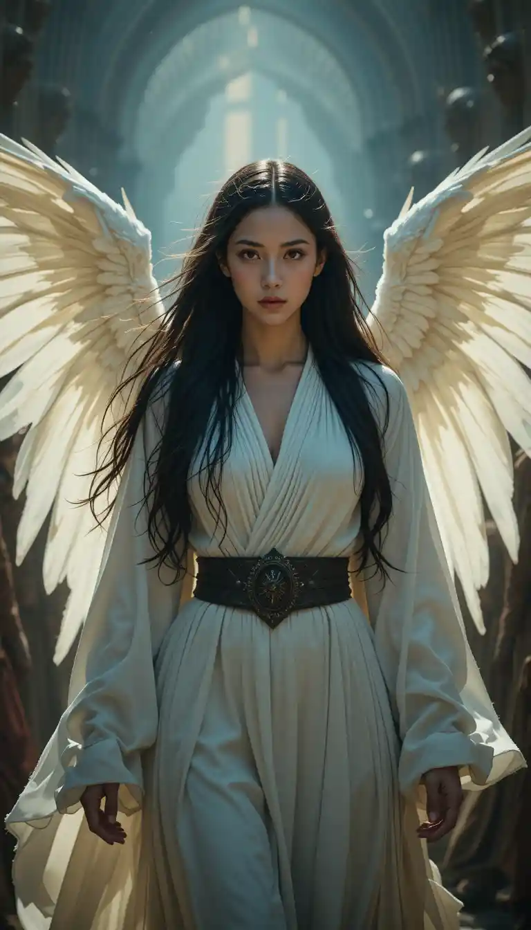 An angelic woman walks through a crowd in black and white robes