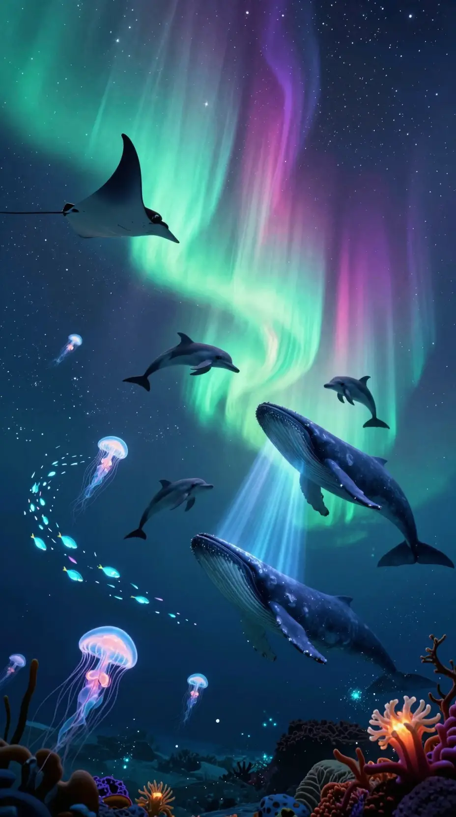 Shimmering aurora-like lights flow across a deep underwater realm