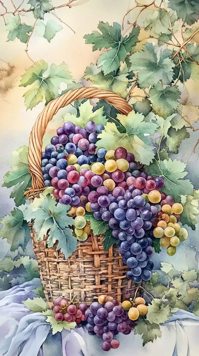Una cesta en acuarela rebosa de uvas y frondosas hojas verdes
