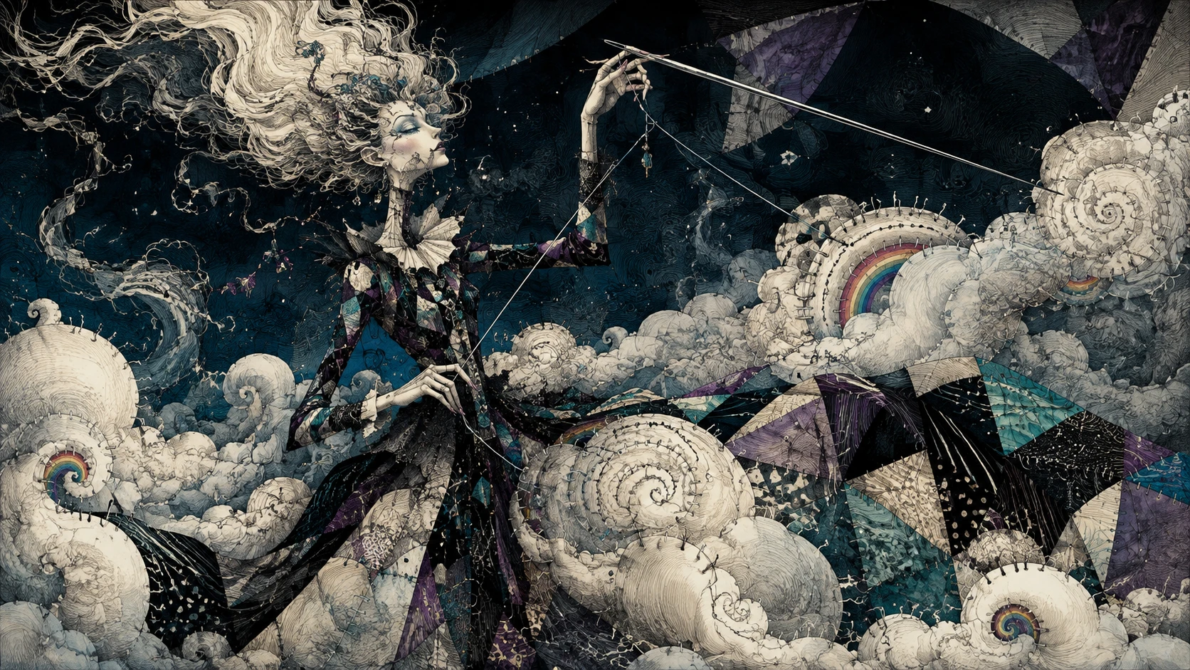 A fantasy woman sewing clouds together with a long needle