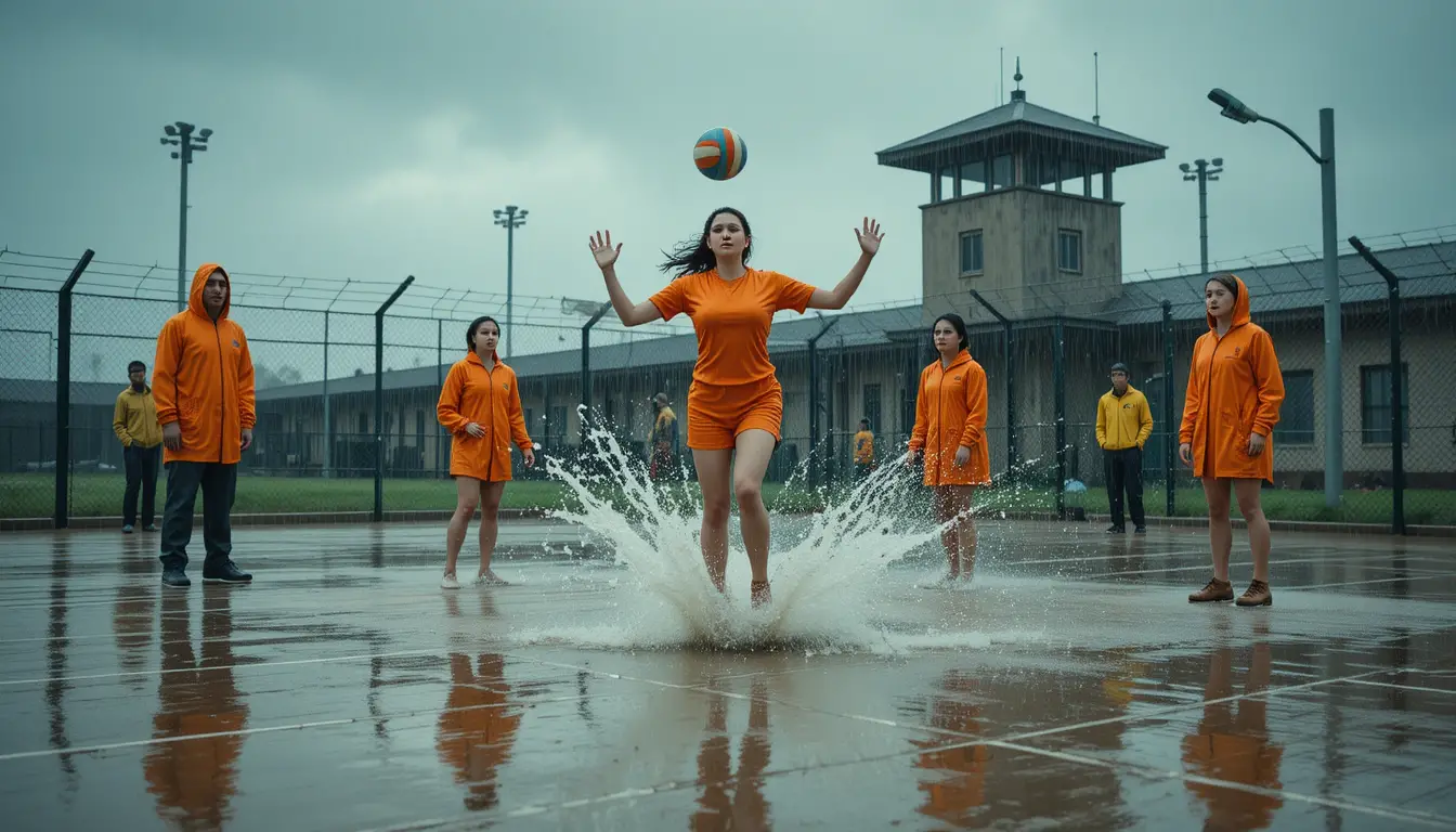 Women prisoners play volleyball in heavy rain on an outdoor court