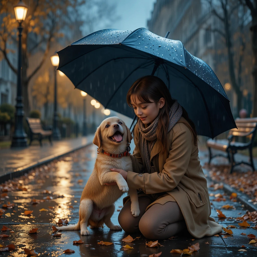 A young girl shares her umbrella with a puppy in the rain