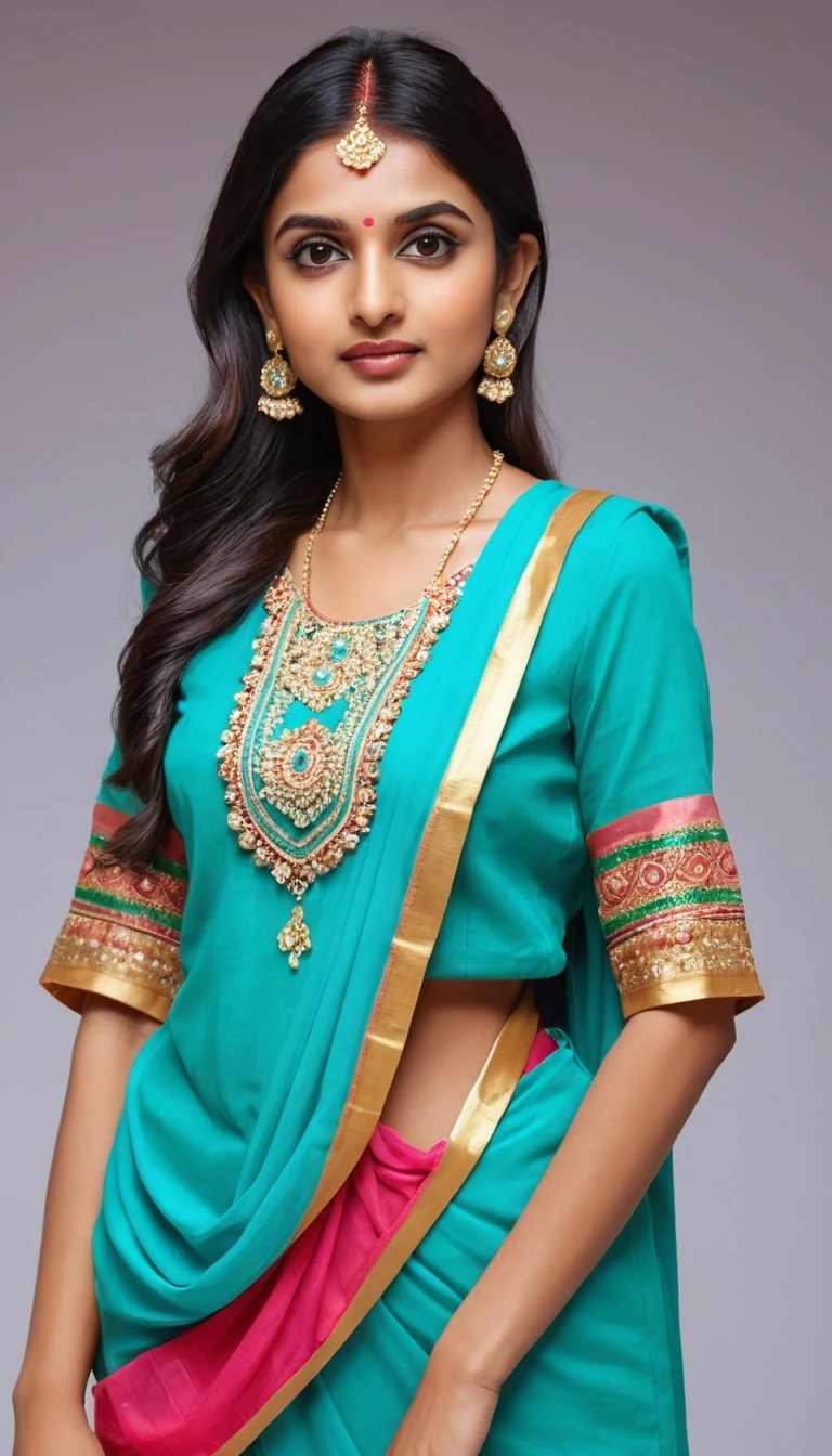 A glamorous Indian woman poses in a colorful chibi-inspired outfit