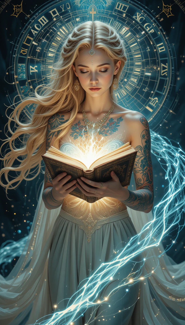 Una mujer tatuada estudia un libro sagrado entre runas brillantes