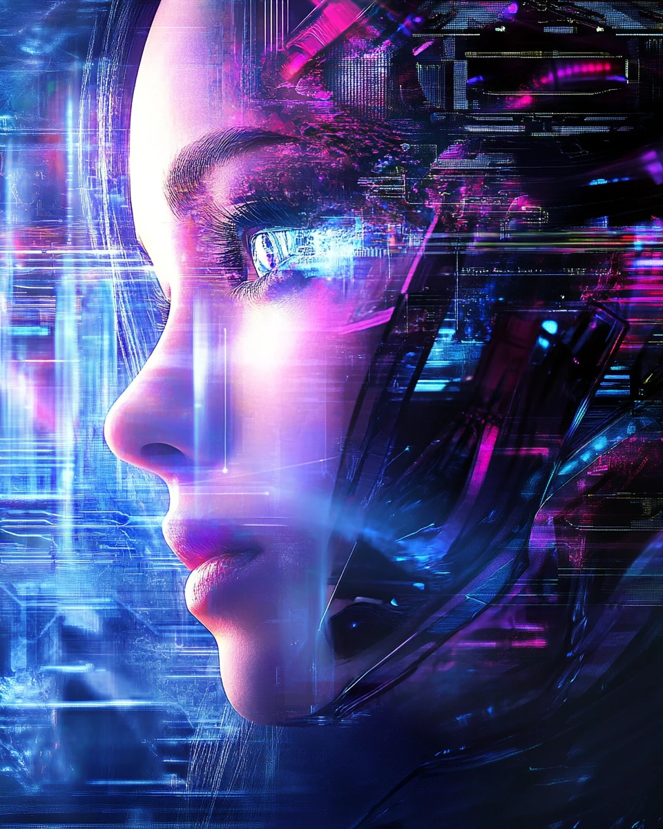 Una mujer futurista combina líneas de manga con arte digital de ensueño