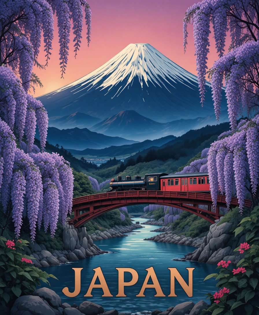 Il Monte Fuji dietro i glicini mentre un treno a vapore attraversa un ponte