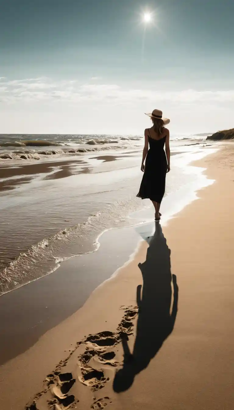 Una mujer escribe amor en la arena mojada al atardecer