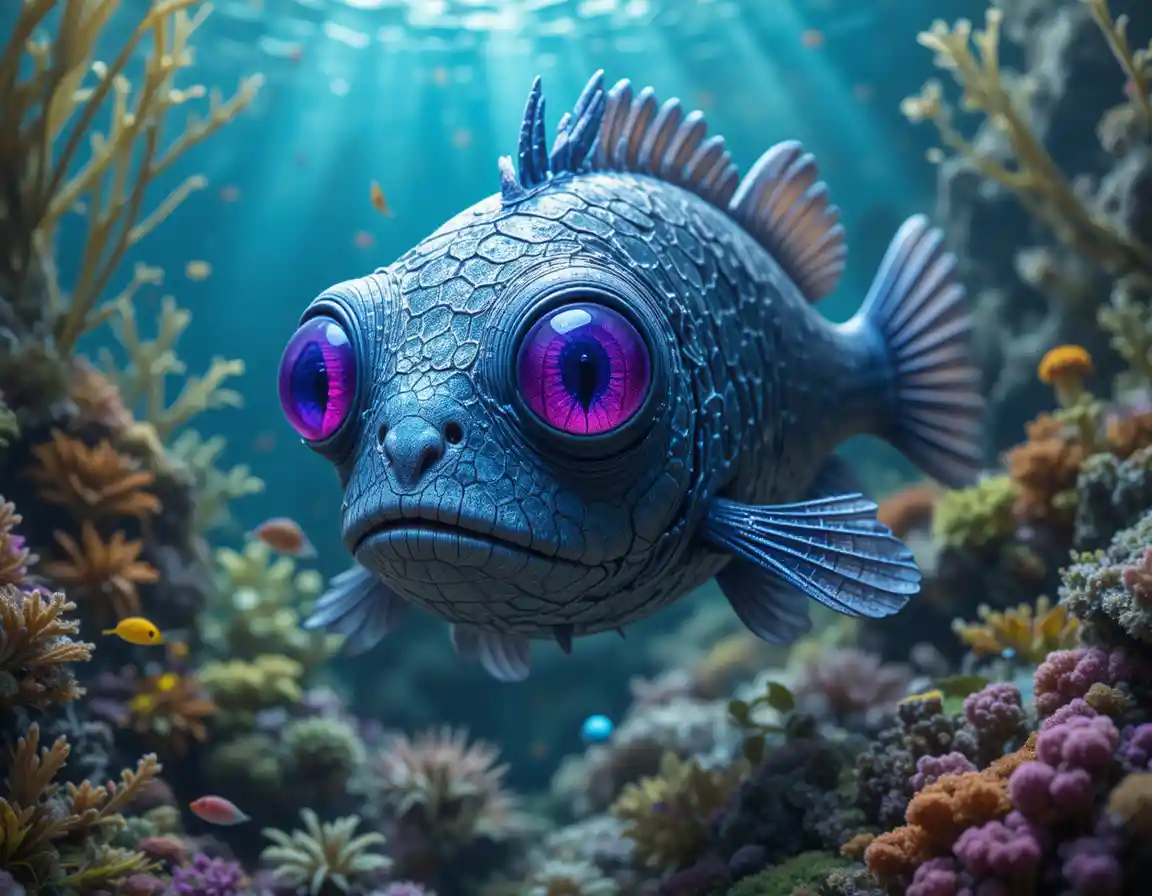 A creepy fish with large purple-pink eyes swims among coral and sea plants