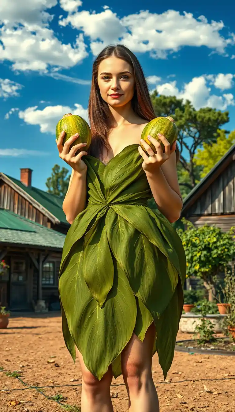 A young woman holds cabbages in a cabbage leaf dress in a garden