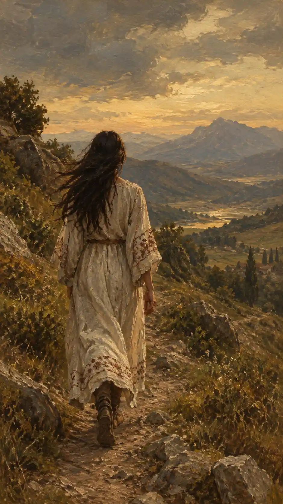 Uma mulher caminha por um trilho de montanha sob picos distantes