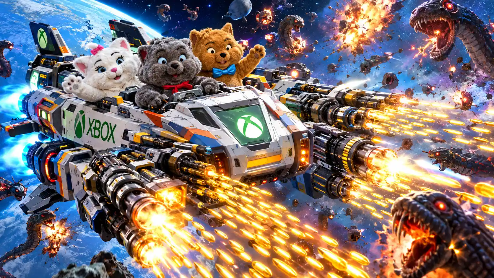 Three cat mascots ride an armed spaceship toward outer space