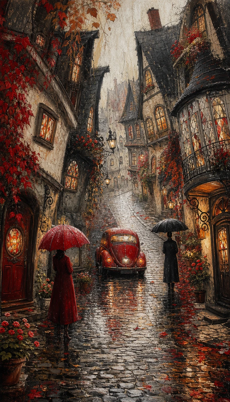 A vintage red car climbs a rain slicked cobblestone road