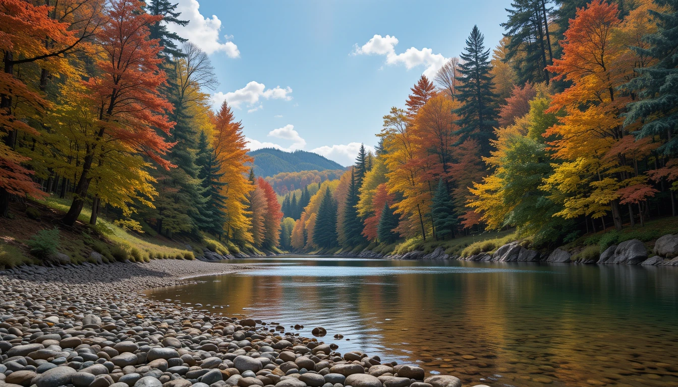 Una foresta dai colori dell’arcobaleno lungo un fiume, con un ponte di legno